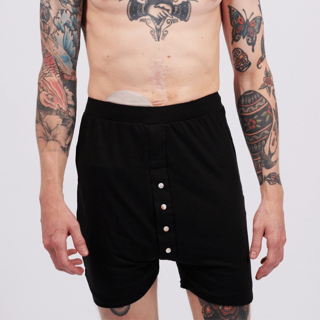 Men's Ostomy High waisted Fitted Trunks - Discover ultimate comfort and confidence with our High Waisted Urostomy Trunks. Featuring a concealed drainage opening, full-length button fly, and inner pockets on each side. Crafted from a close-fitted cotton/ly