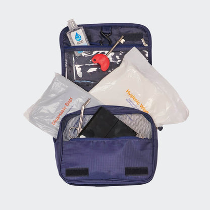 Wash Bag Bundle- Ostomy Accessory Essentials - Our wash bag bundle includes all the essential items for an ostomist, and at a discount! Chose between a Navy or Patterned wash bag, filled with: Dry Wipes: Soft and absorbent, for quick clean-ups or refreshi